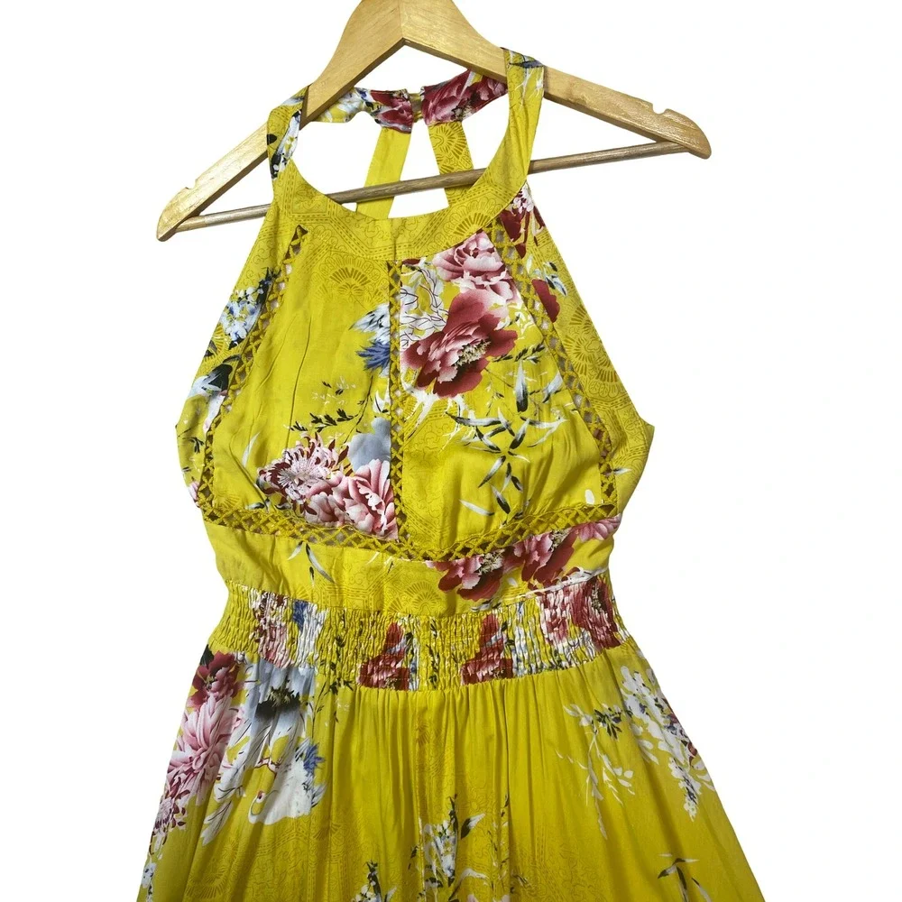 Jaase Yellow Floral Halter‎ Maxi Dress XL Crochet Smocked Vacay Tropical Boho